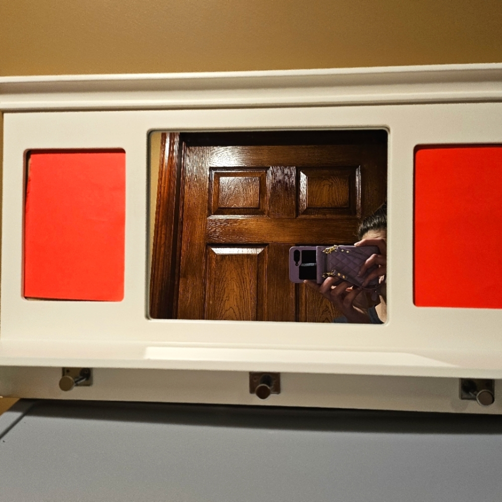 Heavy Wood Coat-Rack with Mirror & 2 Frame slots for Pictures.